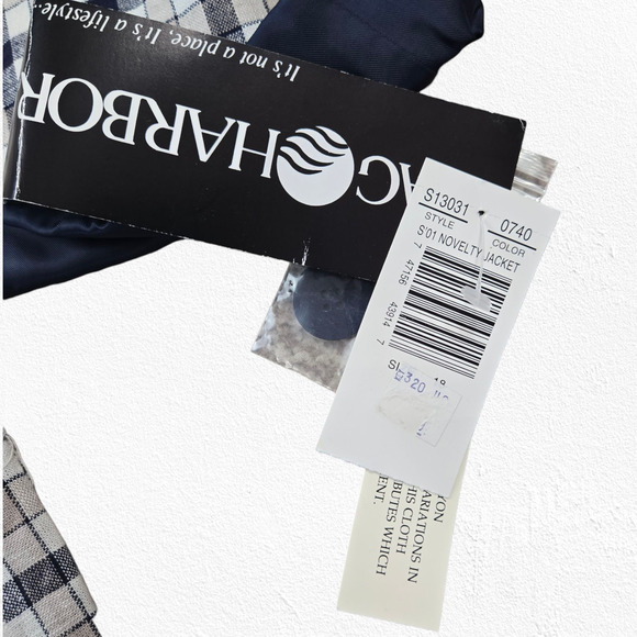 Y2K Vintage Cream Navy Plaid Linen Blend Satin Contrast Blazer Jacket Size 18 - Picture 9 of 11